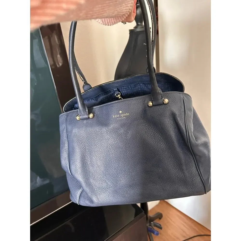 Kate Spade Cobble Hill Leslie Large Leather Purse Tote Navy Blue Gold Hardware